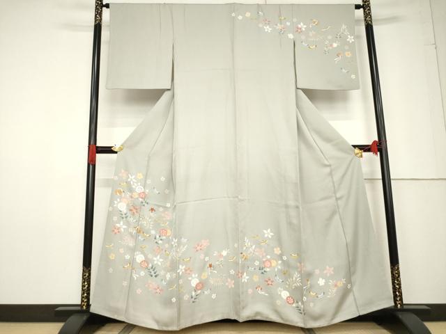 平和屋着物●訪問着　友禅　駒刺繍　花蝶文　正絹　逸品　AABF3622ck