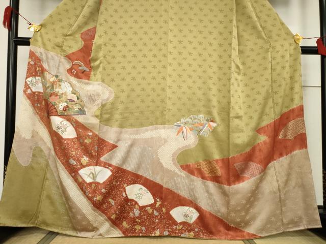 平和屋着物●訪問着　絞り　刺繍　流水扇面花文　金銀彩　正絹　逸品　未使用　AABF3946ck_2
