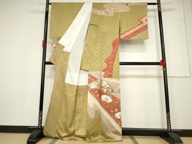 平和屋着物●訪問着　絞り　刺繍　流水扇面花文　金銀彩　正絹　逸品　未使用　AABF3946ck_1