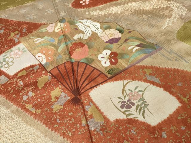 平和屋着物●訪問着　絞り　刺繍　流水扇面花文　金銀彩　正絹　逸品　未使用　AABF3946ck_3