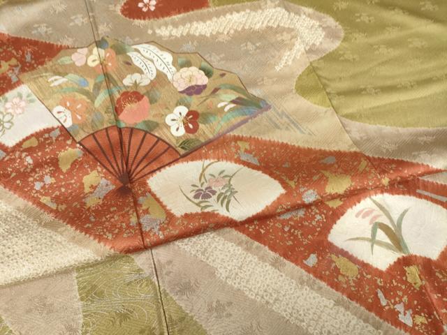 平和屋着物●訪問着　絞り　刺繍　流水扇面花文　金銀彩　正絹　逸品　未使用　AABF3946ck_4