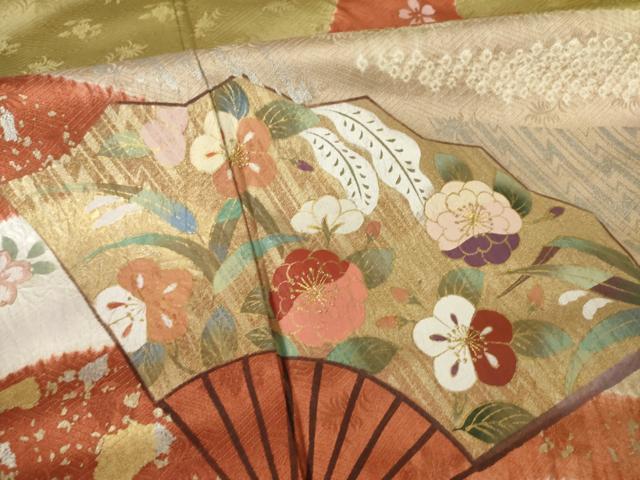 平和屋着物●訪問着　絞り　刺繍　流水扇面花文　金銀彩　正絹　逸品　未使用　AABF3946ck_5