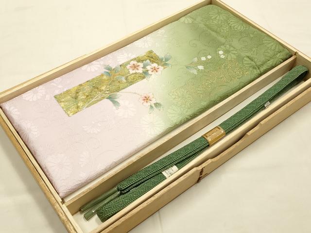 平和屋本店●和装小物　帯締め・帯揚げセット　平組　短冊花文　花唐草　暈し染め　金糸　金銀彩　逸品　未使用品あり　AABF4002ay