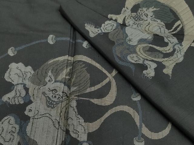 平和屋着物●訪問着　紬地　風神雷神　黒地　正絹　逸品　AABF4316cs
