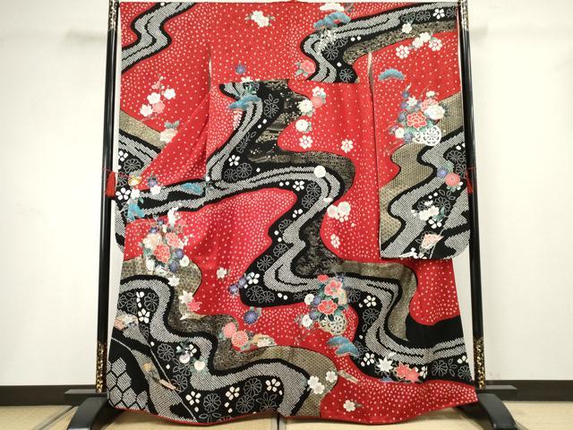 平和屋着物●豪華振袖　駒刺繍　絞り　花車文　金銀彩　正絹　逸品　AABF4317cs 平和屋着物○豪華振袖 駒刺繍 絞り 花車文 金銀彩 正絹 逸品 AABF4317cs