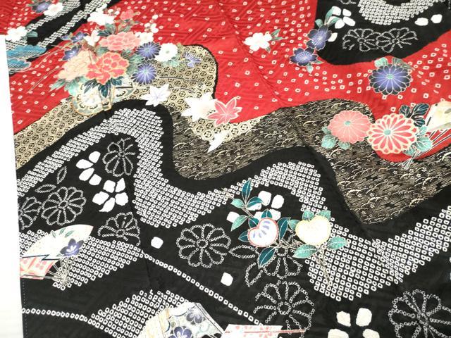 平和屋着物●豪華振袖　駒刺繍　絞り　花車文　金銀彩　正絹　逸品　AABF4317cs 平和屋着物○豪華振袖 総絞り 駒刺繍 草花丸文 黒地 金彩 正絹 逸品