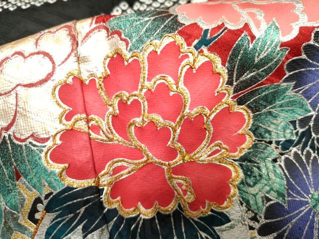 平和屋着物●豪華振袖　駒刺繍　絞り　花車文　金銀彩　正絹　逸品　AABF4317cs 平和屋着物○豪華振袖 総絞り 駒刺繍 草花丸文 黒地 金彩 正絹 逸品