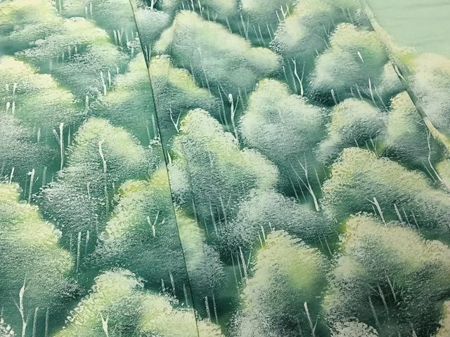 平和屋着物▽訪問着　単衣　手描き　樹林文　暈し染め　正絹　逸品　AABF4408jh_3