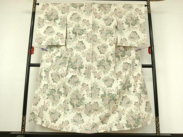 平和屋着物▽上質な紬　単衣　草花文　正絹　逸品　AABF4427jh_1