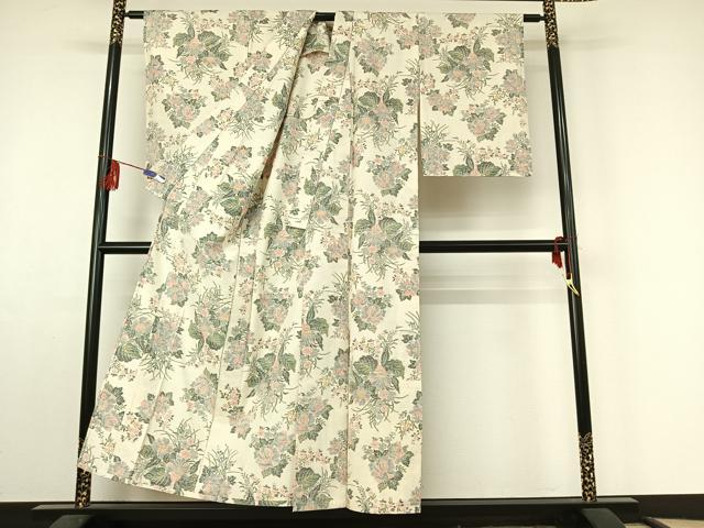平和屋着物▽上質な紬　単衣　草花文　正絹　逸品　AABF4427jh_2