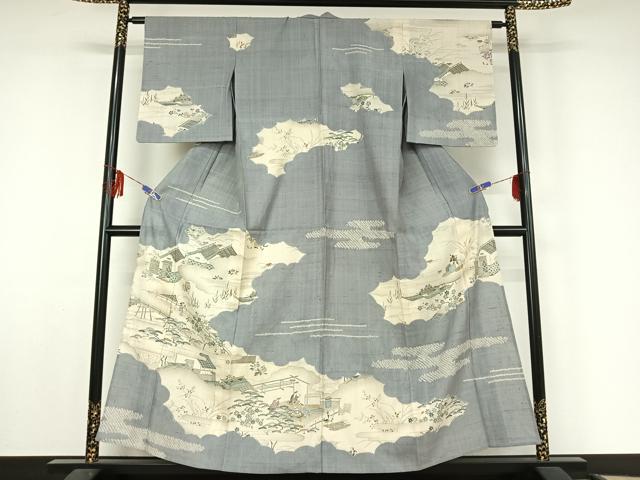 平和屋着物▽染織の名門　しょうざん 生紬　訪問着　単衣　手描き　絞り　人物風景文　金彩　正絹　逸品　AABF5010jh