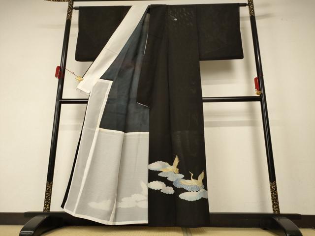 平和屋着物＊夏物　黒留袖　絽　刺繍　飛鶴文　金彩　洗える着物　AABF5049jd_1