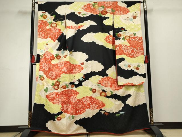 平和屋着物○豪華振袖 駒刺繍 絞り 雲重ね花唐草文 黒地 金銀糸 正絹 