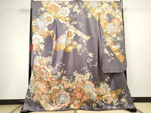平和屋着物●豪華振袖　駒刺繍　蔓帯草花文　金彩　ロング丈　正絹　逸品　AABF5132cs 平和屋着物○豪華振袖 駒刺繍 蔓帯草花文 金彩 ロング丈 正絹 逸品