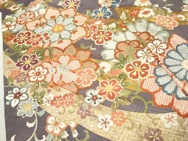 平和屋着物●豪華振袖　駒刺繍　蔓帯草花文　金彩　ロング丈　正絹　逸品　AABF5132cs 平和屋着物○豪華振袖 駒刺繍 蔓帯草花文 金彩 ロング丈 正絹 逸品