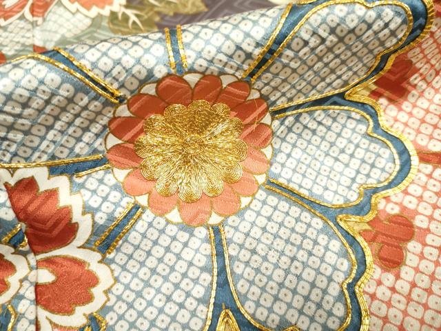 平和屋着物●豪華振袖　駒刺繍　蔓帯草花文　金彩　ロング丈　正絹　逸品　AABF5132cs 平和屋着物○豪華振袖 駒刺繍 蔓帯草花文 金彩 ロング丈 正絹 逸品