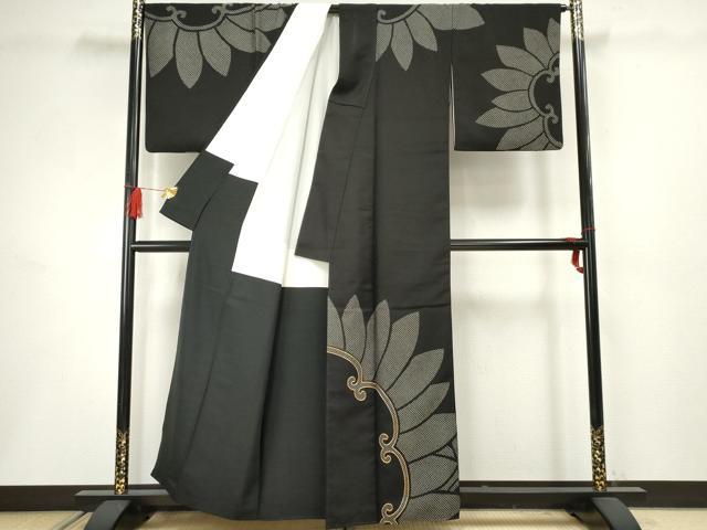 未着用品 平和屋着物□上質な小紋 鹿の子花唐草文 黒地 金彩