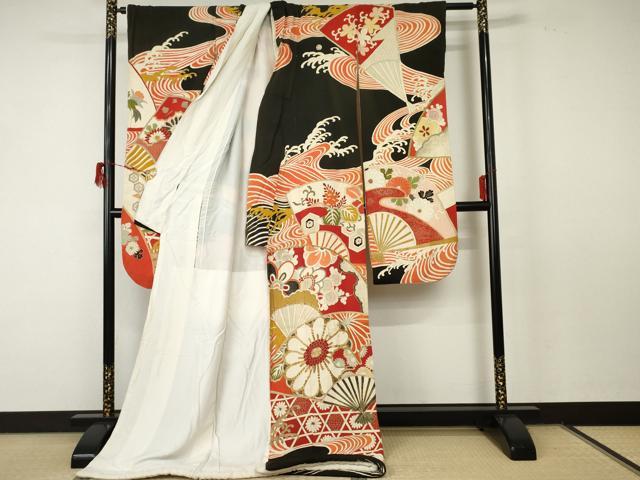 平和屋着物●アンティーク　大正ロマン　振袖　駒刺繍　扇面立波吉祥花文　黒地　金彩　ロング丈　正絹　逸品　AABF5232cs