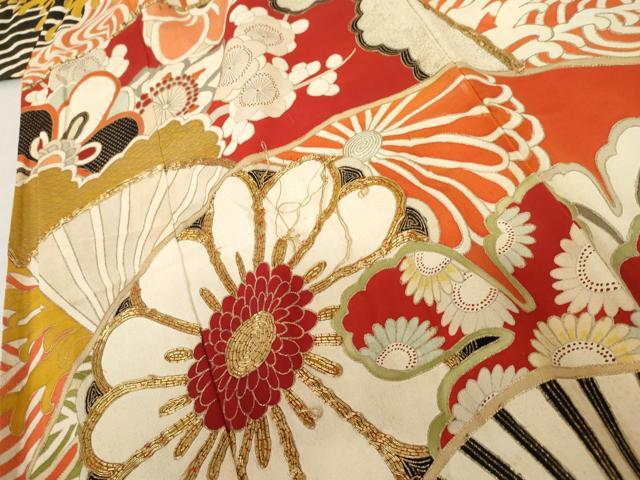 平和屋着物●アンティーク　大正ロマン　振袖　駒刺繍　扇面立波吉祥花文　黒地　金彩　ロング丈　正絹　逸品　AABF5232cs