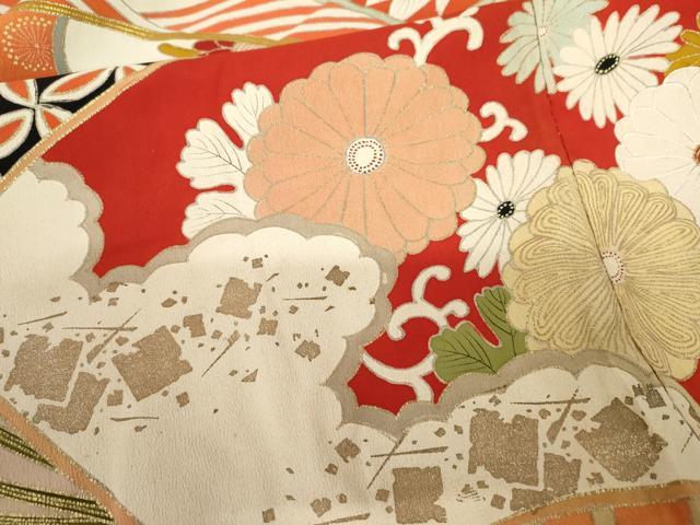 平和屋着物●アンティーク　大正ロマン　振袖　駒刺繍　扇面立波吉祥花文　黒地　金彩　ロング丈　正絹　逸品　AABF5232cs