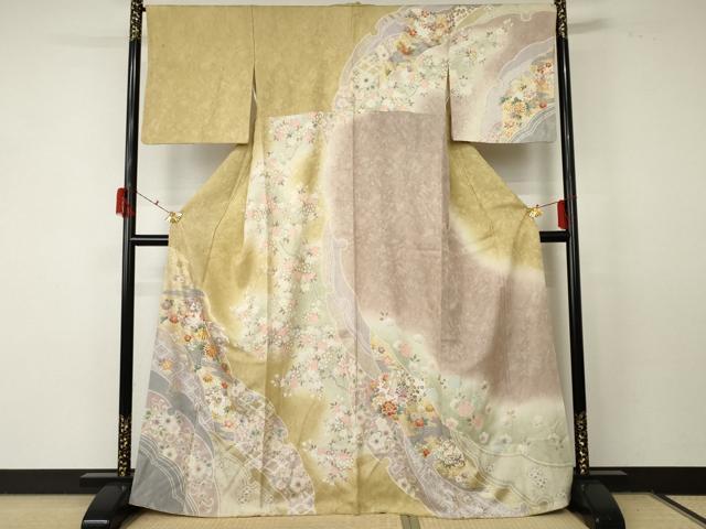 平和屋着物●訪問着　駒刺繍　辻が花　雪輪草花文　暈し染め　金彩　正絹　逸品　AABF5239cs 平和屋着物○訪問着 駒刺繍 辻が花 雪輪草花文 暈し染め 金彩 正絹