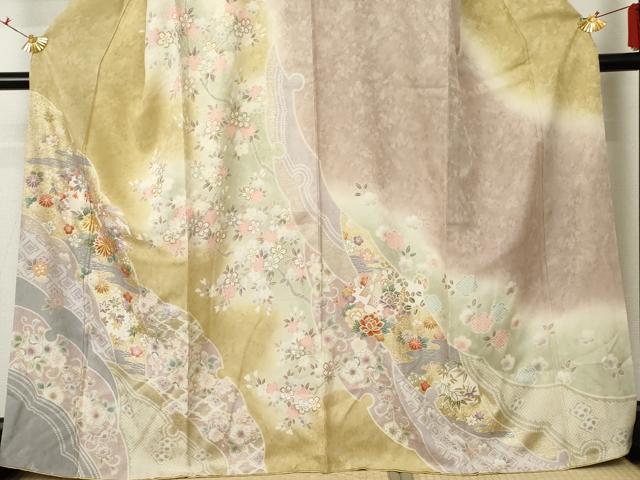 平和屋着物●訪問着　駒刺繍　辻が花　雪輪草花文　暈し染め　金彩　正絹　逸品　AABF5239cs 平和屋着物○訪問着 駒刺繍 辻が花 雪輪草花文 暈し染め 金彩 正絹