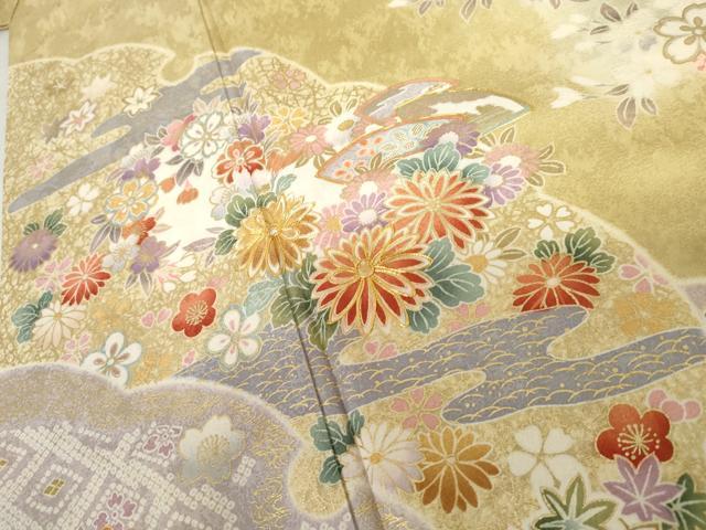 平和屋着物●訪問着　駒刺繍　辻が花　雪輪草花文　暈し染め　金彩　正絹　逸品　AABF5239cs 平和屋着物○訪問着 駒刺繍 辻が花 雪輪草花文 暈し染め 金彩 正絹