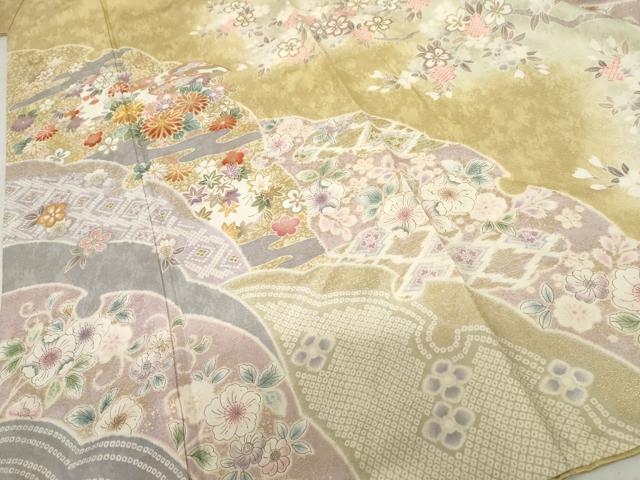 平和屋着物●訪問着　駒刺繍　辻が花　雪輪草花文　暈し染め　金彩　正絹　逸品　AABF5239cs 平和屋着物○訪問着 駒刺繍 辻が花 雪輪草花文 暈し染め 金彩 正絹