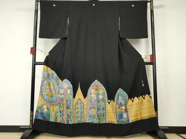 平和屋着物●豪華黒留袖　作家物　ろうけつ染め　洋花文　金彩　正絹　逸品　AABF5252cs