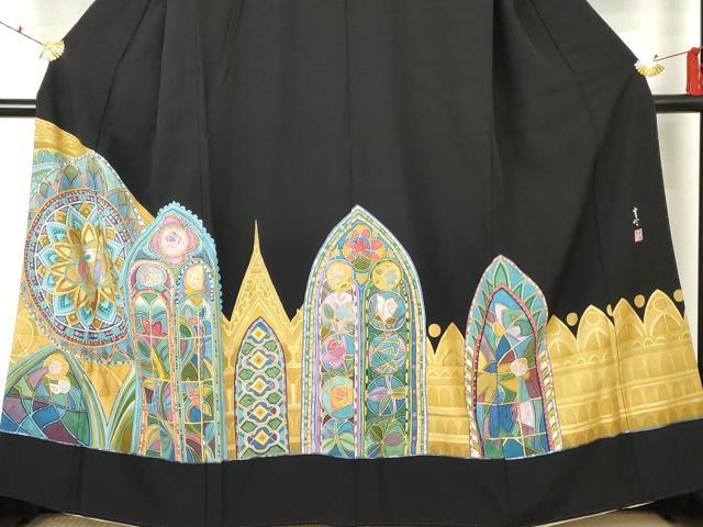 平和屋着物●豪華黒留袖　作家物　ろうけつ染め　洋花文　金彩　正絹　逸品　AABF5252cs_2