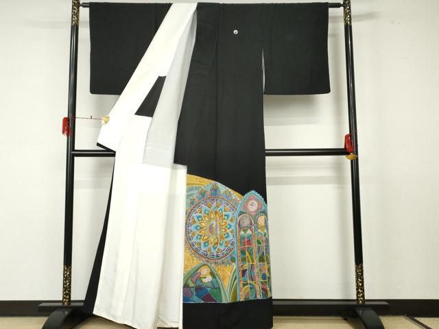 平和屋着物●豪華黒留袖　作家物　ろうけつ染め　洋花文　金彩　正絹　逸品　AABF5252cs_1