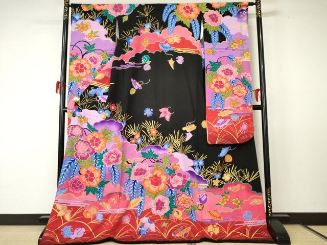平和屋着物●豪華振袖　花宝尽くし　暈し染め　黒地　金彩　ロング丈　正絹　逸品　AABF5262cs