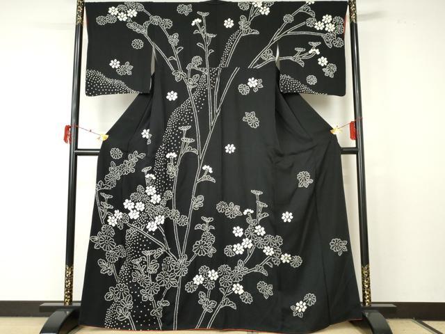平和屋着物●訪問着　絞り　枝花文　黒地　正絹　逸品　AABF5266cs 平和屋着物○訪問着 絞り 枝花文 黒地 正絹 逸品 AABF5266cs