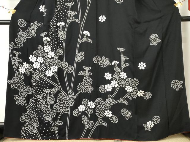 平和屋着物●訪問着　絞り　枝花文　黒地　正絹　逸品　AABF5266cs 平和屋着物○訪問着 枝花文 たたき染め さが美扱い 正絹 逸品 未使用