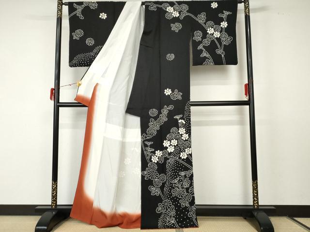 平和屋着物●訪問着　絞り　枝花文　黒地　正絹　逸品　AABF5266cs 平和屋着物○訪問着 枝花文 たたき染め さが美扱い 正絹 逸品 未使用
