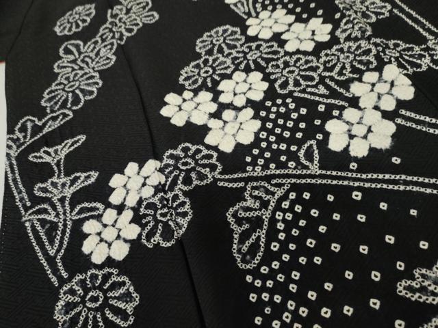 平和屋着物○訪問着 絞り 枝花文 黒地 正絹 逸品 AABF5266cs