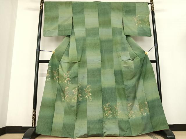 平和屋着物●京の名門・菱屋六右ェ門　紬　訪問着　草花文　正絹　逸品　AABF5476fy 平和屋着物○極上 京の名門・菱屋六右ェ門 紬 鳥獣戯画 海松色地 逸品