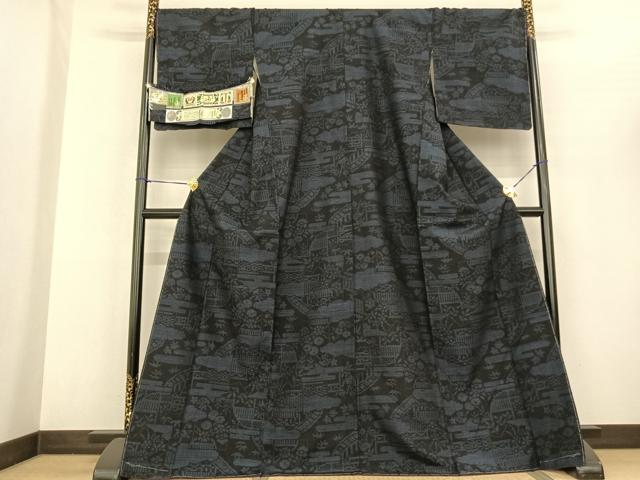 平和屋着物●本場真綿絢結城紬　100亀甲　風景花文　証紙付き　ロング丈　正絹　逸品　AABF5484fy 平和屋着物○本場真綿絢結城紬 100亀甲 風景花文 証紙付き ロング丈