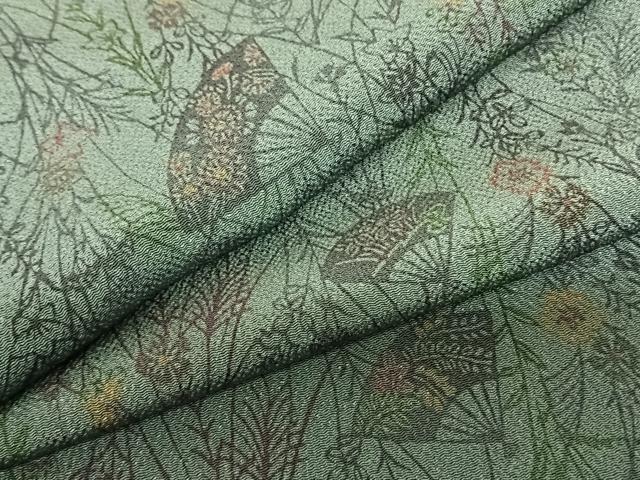 平和屋着物●上質な小紋　型染め　扇面花文　鬼しぼ縮緬　正絹　逸品　AABF5533fy
