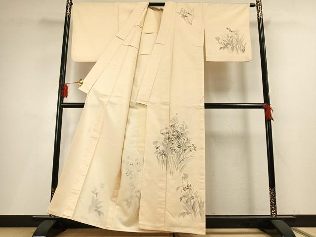 平和屋着物▽訪問着　単衣　紬地　作家物　手描き　草花文　正絹　逸品　AABF5651fy 平和屋着物▽訪問着 単衣 紬地 作家物 手描き 草花文 正絹
