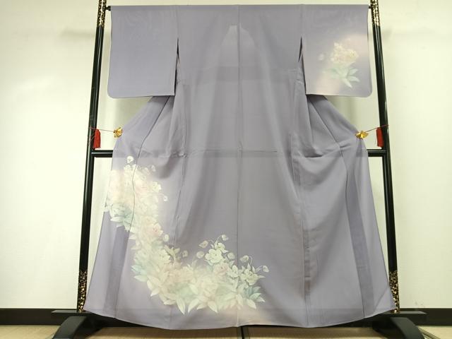 平和屋着物＊夏物　訪問着　絽　手描き　草花文　暈し染め　銀彩　洗える着物　AABF5828fy