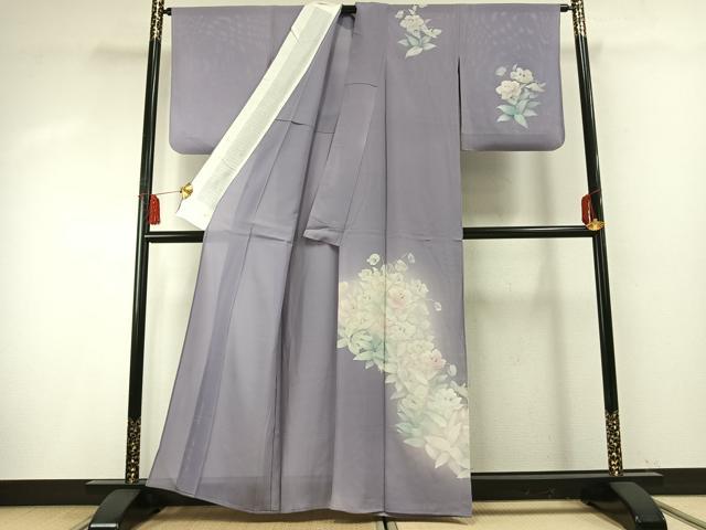 平和屋着物＊夏物　訪問着　絽　手描き　草花文　暈し染め　銀彩　洗える着物　AABF5828fy_1