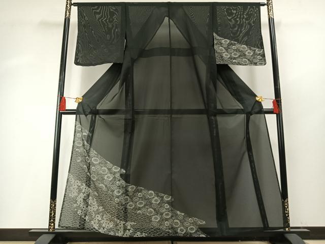 平和屋野田店□夏物 訪問着 絽 手描き 枝葉文 黒地 洗える着物 BAAG2475pk