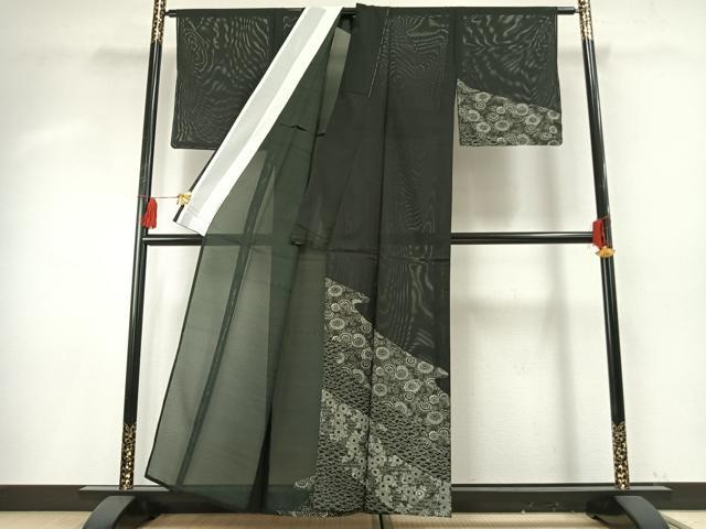 平和屋着物＊夏物　訪問着　絽　型染め　草花文　黒地　洗える着物　未使用　AABF5834fy_1
