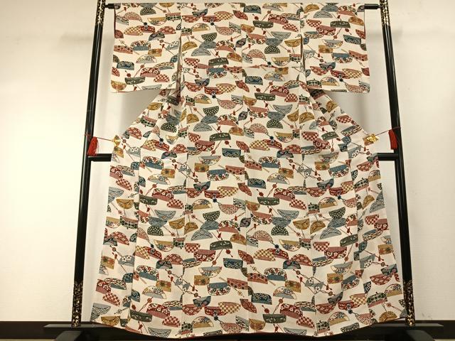 平和屋着物●上質な小紋　型染め　櫛　簪　鬼しぼ縮緬　正絹　逸品　AABF5929fy_1