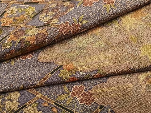 平和屋着物●上質な小紋　雲取り花文　鬼しぼ縮緬　正絹　逸品　AABF5943fy 平和屋着物○上質な小紋 型染め 風景草花文 鬼しぼ縮緬 正絹 逸品 未