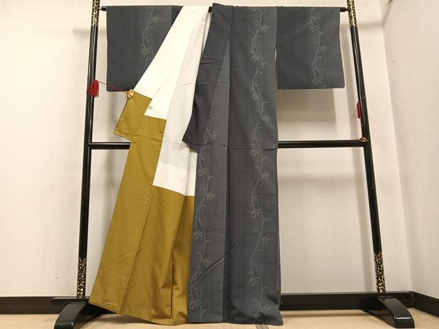 平和屋着物○結城紬 100亀甲 飛び亀甲 草花間道 正絹 逸品 AABF6044ph
