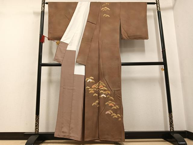 平和屋着物●訪問着　手描き　駒刺繍　松　暈し染め　正絹　逸品　未使用　AABF6088ph_1