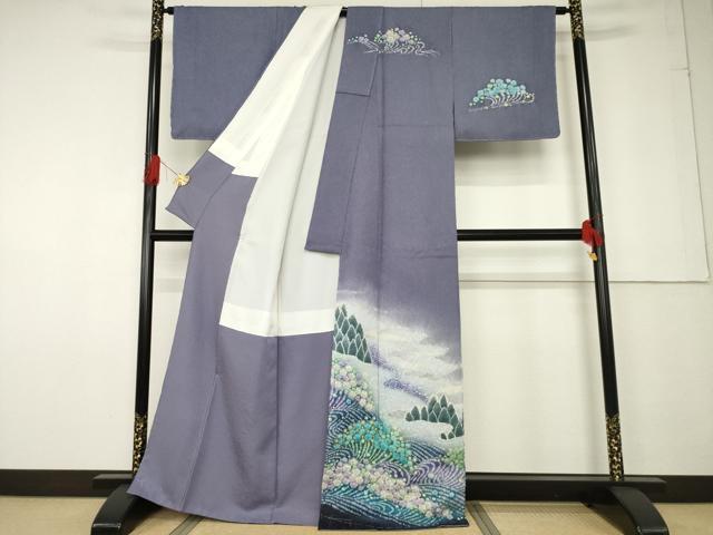 平和屋着物●訪問着　絞り　流水花文　暈し染め　銀通し地　正絹　逸品　未使用　AABF6153ck_1