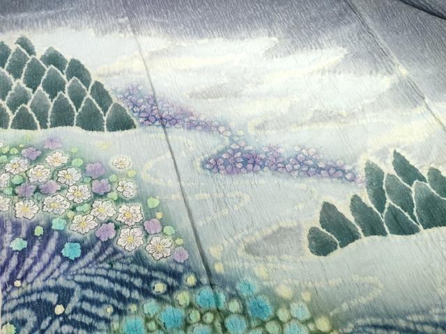 平和屋着物●訪問着　絞り　流水花文　暈し染め　銀通し地　正絹　逸品　未使用　AABF6153ck_3